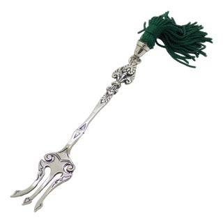 Vintage Italian Handmade Silver Decorative Dessert Fork with Green Tassel, Tuscany, 1970s For Sale