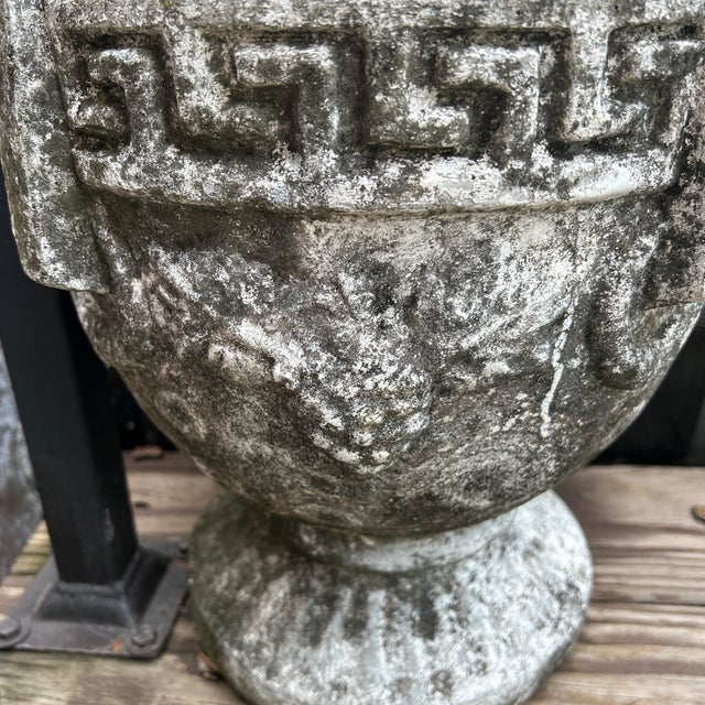 Sculpture Materials A Pair of Carden Planters With Vintage Greek Key and Grapevine Motif on Pedestal Foot For Sale - Image 7 of 12