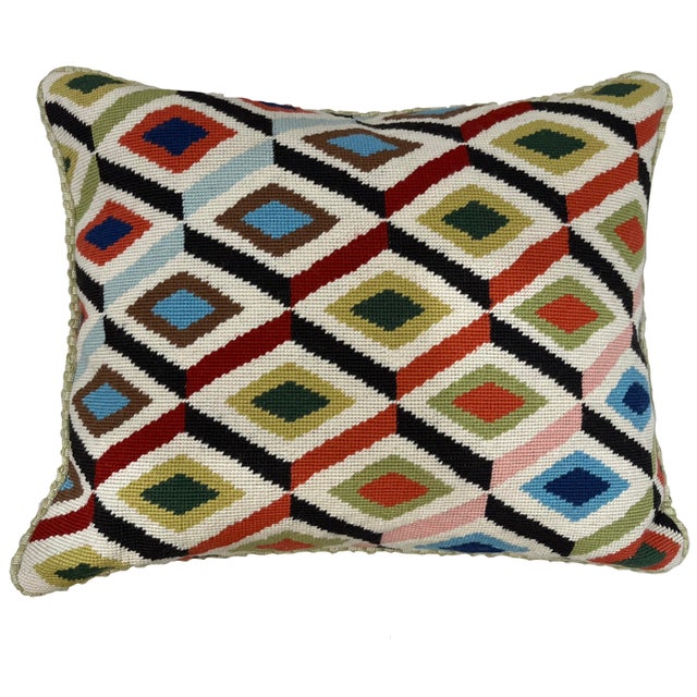 Thoroughly modern pair of needlepoint pillows in a geometric diamond pattern. Both feature hand-done wool needlepoint,...