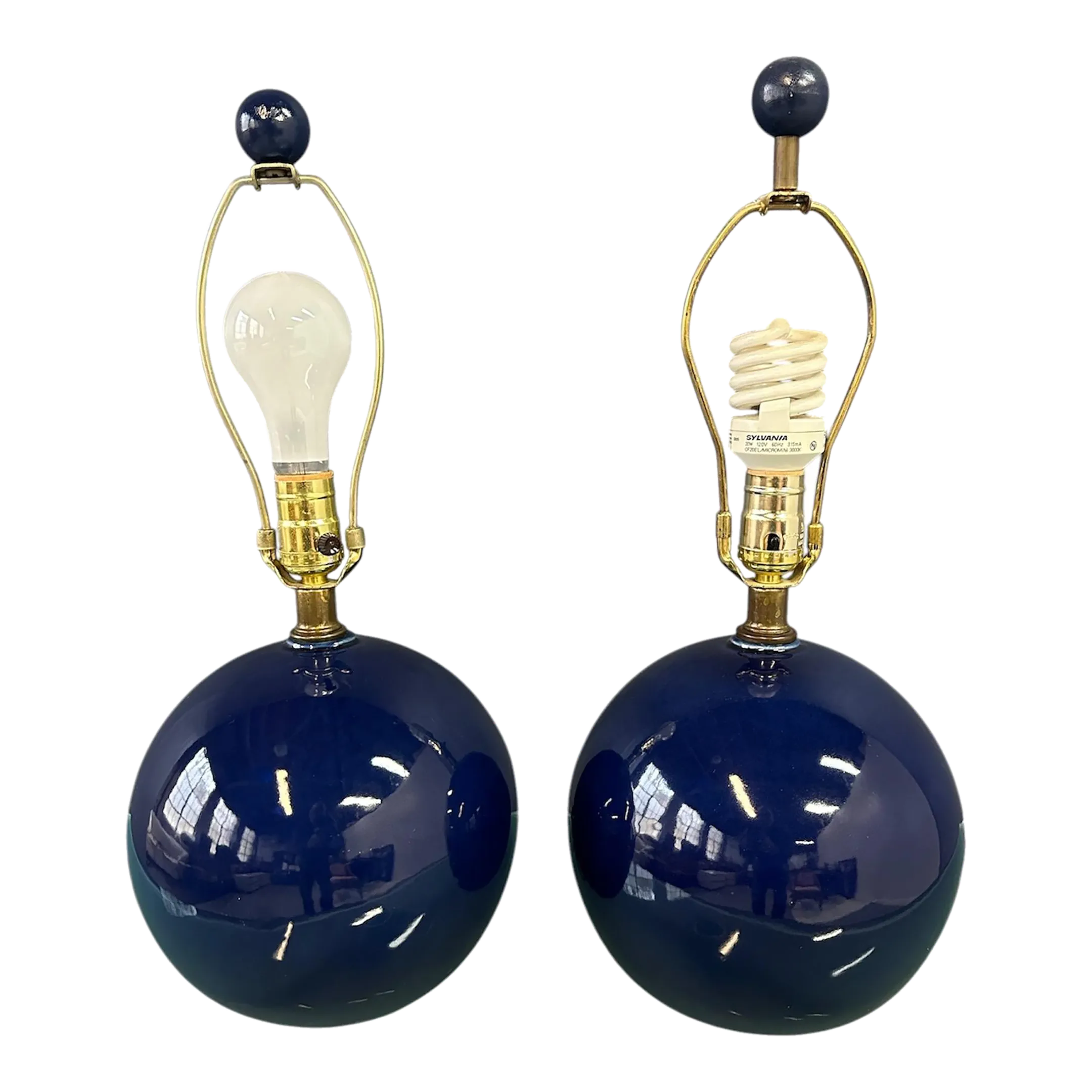 Pair of Mar-Kel Lighting Spherical Blue Glazed Ceramic Lamps Mid