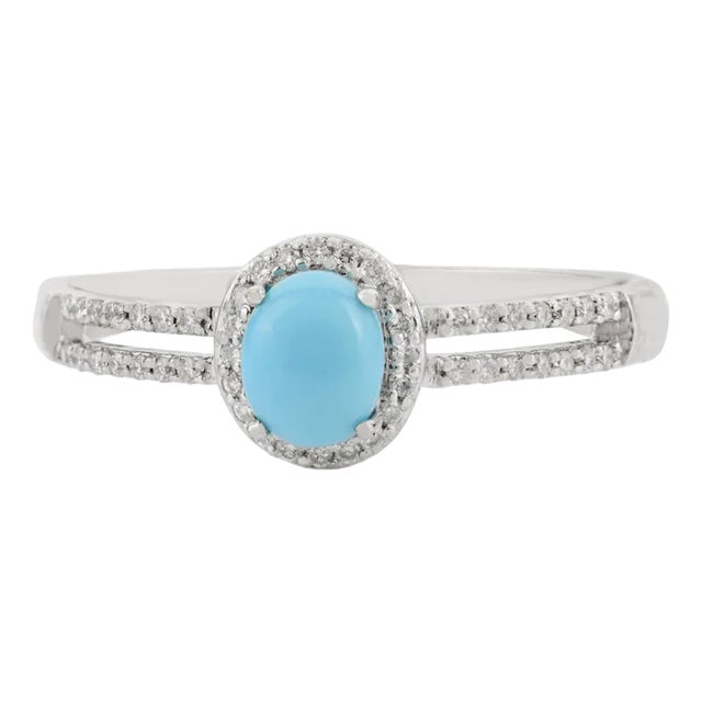 14k White Gold Diamond Turquoise Engagement Ring for Women Size 5 For Sale