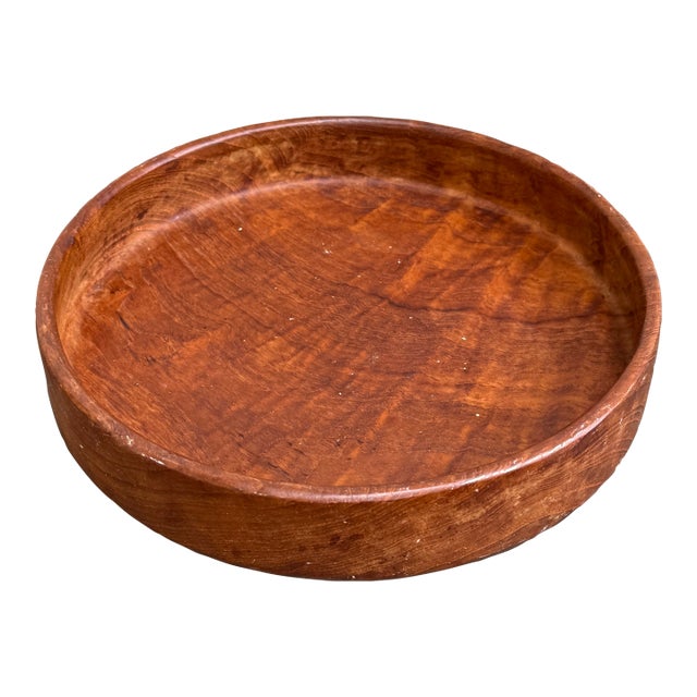 Vintage Tray Round Turned Teak Wood 9 1/2” D For Sale