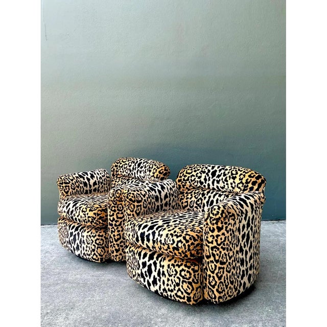 Metal Vintage Leopard Velvet Swivel Chairs - Pair For Sale - Image 7 of 11