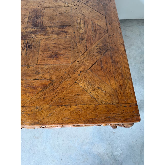 1960s French Provincial Louis XV–Style Hollywood Regency Carved Oak Parquetry Coffee Table For Sale - Image 10 of 14