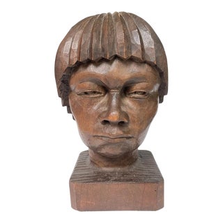 Carved Wooden Head Sculpture For Sale