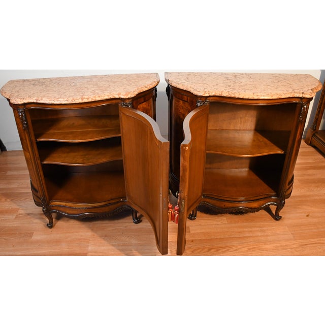 1890s Antique French Louis XV Burl Walnut Marble Top Pair of Cabinets Credenzas For Sale - Image 10 of 18