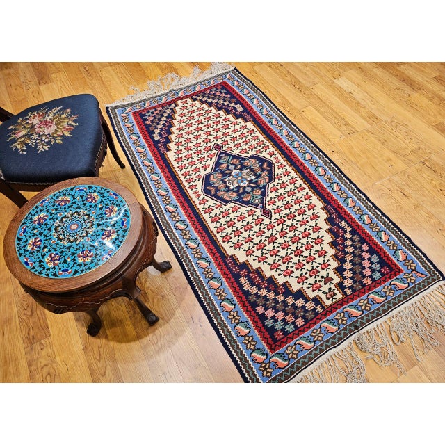 Textile Vintage Persian Senneh Kilim Area Rug, Handwoven Wool, Floral Pattern, Ivory & Blue, 3x6 For Sale - Image 7 of 15