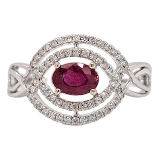 Celtic Inspired East West Mozambique Ruby and Natural Diamond Ring in 14k Gold, Size 6.75 For Sale