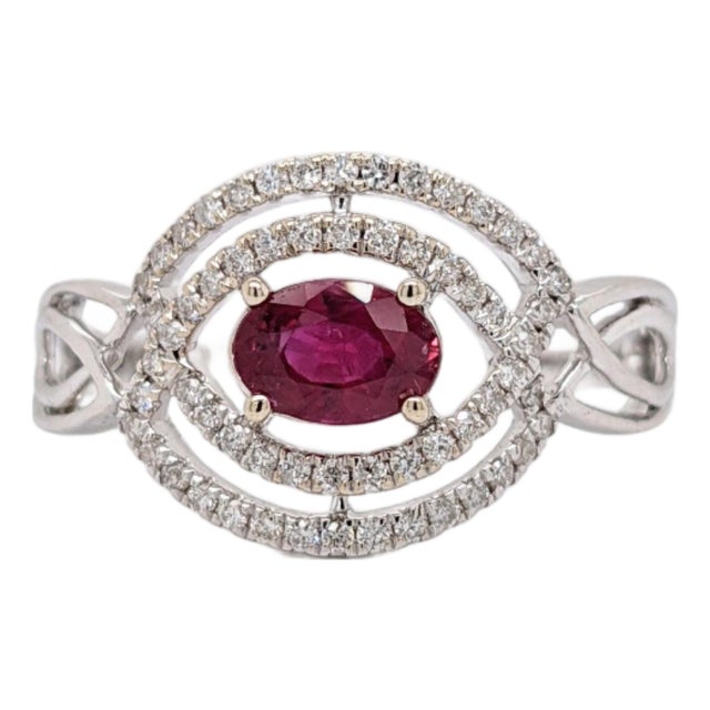 Celtic Inspired East West Mozambique Ruby and Natural Diamond Ring in 14k Gold, Size 6.75 For Sale