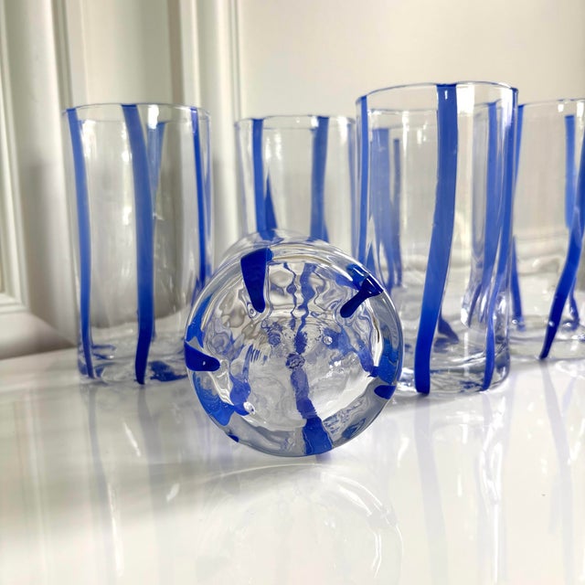 Contemporary Comic Blue Stripe Italian Murano Glass Tumblers - Set of 6 For Sale In Chicago - Image 6 of 6