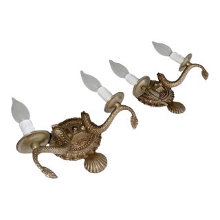 Pair Neoclassic Dolphin Shell Brass Wall Sconces For Sale
