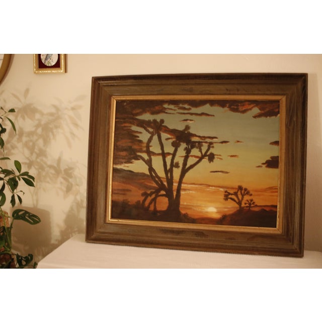 Mid-Century Modern Original Landscape Oil Painting Depicting a Desert Sunset and Joshua Trees, Circa 1960s in Wood and Gold Frame For Sale - Image 3 of 17
