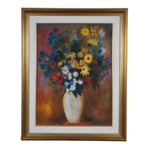 Large Bouquet in Japanese Vase Print on Board After Odilon Redon 35"