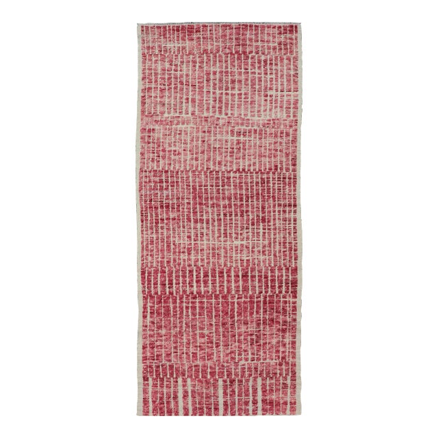 Modern Tribal Moroccan Rug With Geometric Design in Raspberry Red 4'7 X 11'7 For Sale