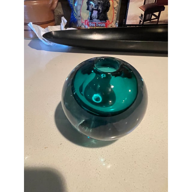 Mid-Century Modern Art Deco Spherical Sea Green Blue Glass Sommerso Murano Vases - Pair For Sale - Image 3 of 4