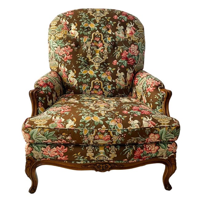 Chinoiserie Mid 20th Century Mocha Mousse Chinoiserie Upholstery Bergere Chairs - a Pair For Sale - Image 3 of 12