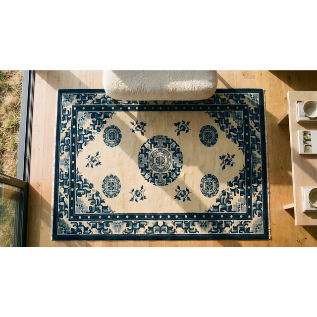 Textile 1920s Beige Medallion Antique Chinese Peking Rug 5' X 8'4" Handknotted Wool Carpet For Sale - Image 7 of 7
