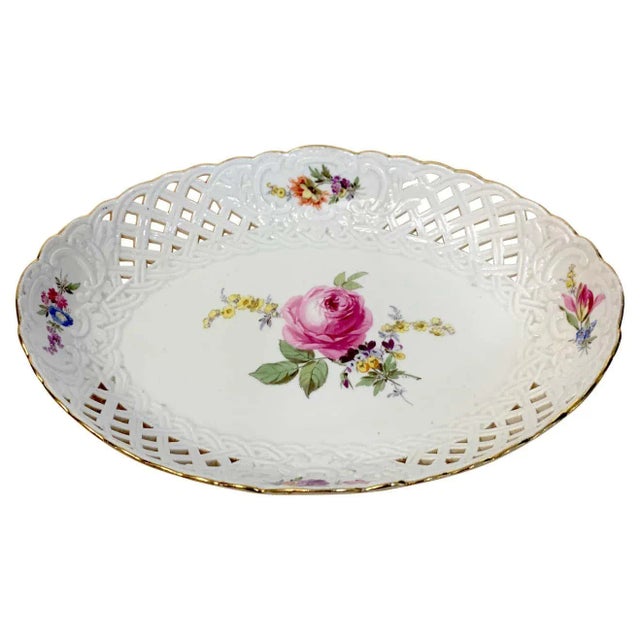 White 19th Century Meissen Floral Painted Reticulated Oval Basket For Sale - Image 8 of 8
