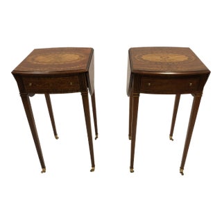 Maitland Smith Drop Leaf Inlaid Wood Side Tables- a Pair For Sale