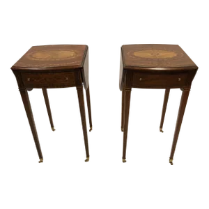 Maitland Smith Drop Leaf Inlaid Wood Side Tables- a Pair