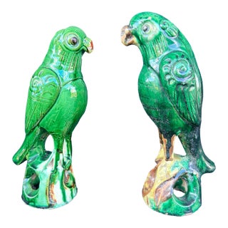 19th Century Chinese Export Chinoiserie Green Glazed Pottery Parrots For Sale