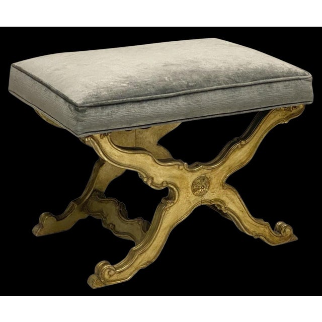 Midcentury Italian Neo-Classical Style Silver Leaf Bench / Ottoman in Blue Velvet For Sale - Image 4 of 7