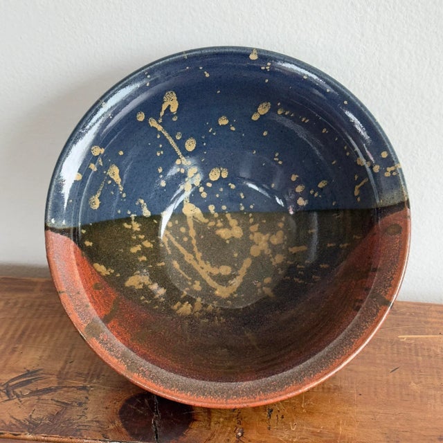 1990s Colorblock Glazed Ceramic Studio Pottery Bowl With Gold Splatter Accents For Sale - Image 5 of 6