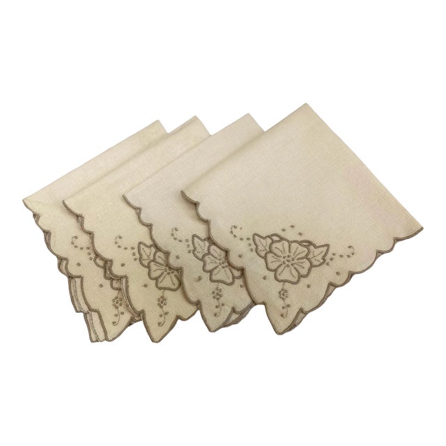 Vintage Madeira Taupe Embroidered Cocktail Napkins, Set/4 For Sale
