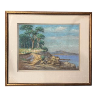 Vintage Coastal Landscape Framed Pastel Watercolor Painting W Rocks For Sale