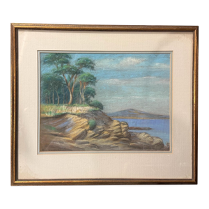 Vintage Coastal Landscape Framed Pastel Watercolor Painting W Rocks