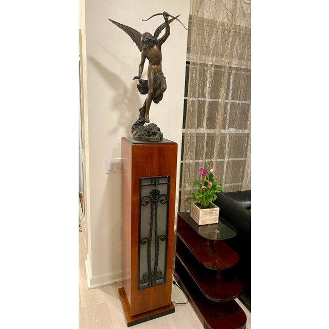 1940s Art Deco Mahogany Lighted Column, French Rod Iron Frosted Glass and Mahogany Wood Lighted Pedestal For Sale In New York - Image 6 of 12