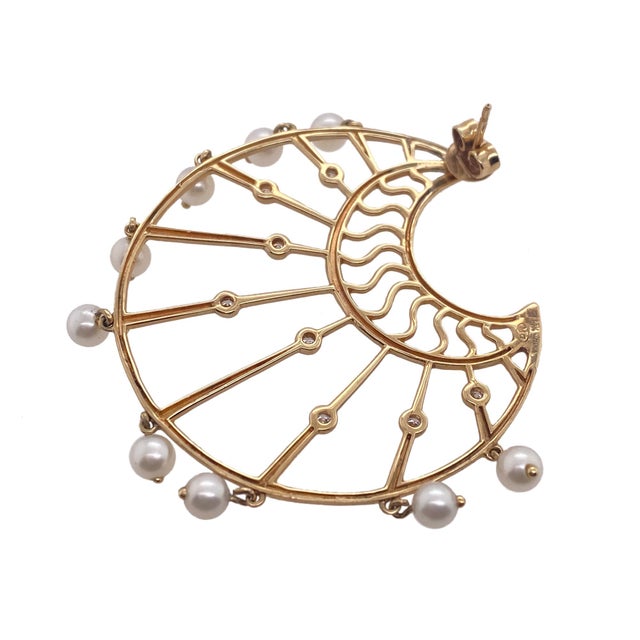 Modern 1990s 14k Gold Diamond & Dangling Pearl Pierced Earrings, A Pair For Sale - Image 3 of 5