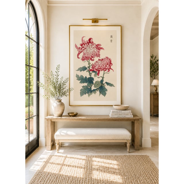 Paper Pink Chrysanthemums, Vintage Japanese Botanical Art Print, 24" X 36" For Sale - Image 7 of 9