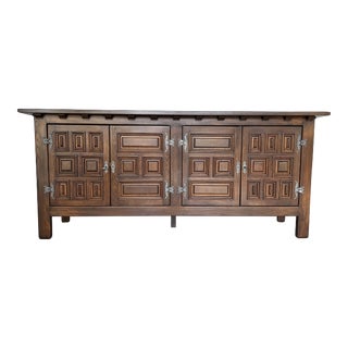 Vintage Catalan Spanish Baroque Carved Oak Tuscan Credenza Sideboard For Sale