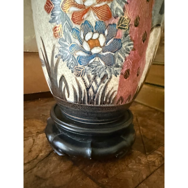 Navy Blue Vintage Asian Peacock Crackle Glaze Table Lamp For Sale - Image 8 of 12