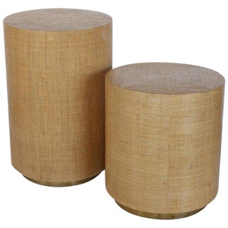 1980s Modern Grasscloth and Brass Side Tables - 2 Pieces For Sale