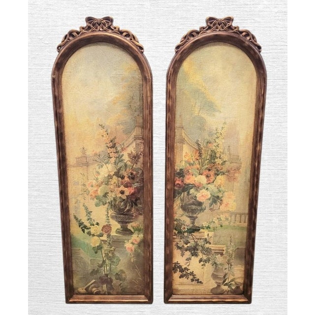English Vintage Tall Narrow Oval Bow Top Floral Garden Printed Wall Printed Art Decor Panels- A Pair For Sale - Image 3 of 9
