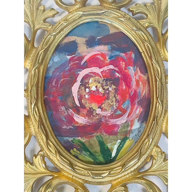 1970s Mini Abstract Floral Painting in Ornate Bronze Frame For Sale - Image 4 of 4