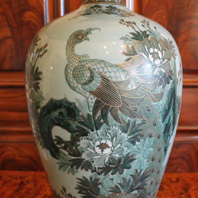 Large Japanese Celadon Blue and Gilt Peacock Vase Adapted Into a Lamp For Sale - Image 4 of 16