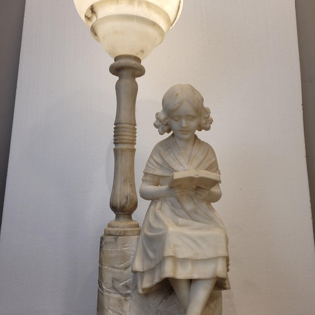 Early 20th Century Art Nouveau Girl Reading Table Lamp in Alabaster, Italy, 1920s For Sale - Image 15 of 18