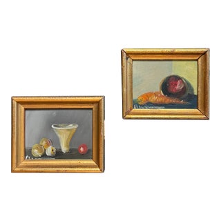 A Pair of Vintage Miniature Traditional Framed Still Life Original Oil Paintings, Red, Gray & Gold For Sale
