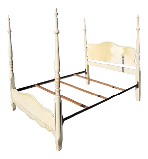 1940s Vintage Whitewash French Provincial Cottage Full Size Urn Poster Bed