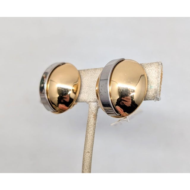 Mid-Century Modern Vintage Signed Napier Goldtone Round Domed Rhodium Plated Stripe Clip Earrings-2 Pieces For Sale - Image 3 of 7