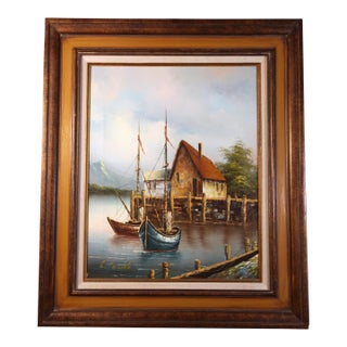 Vintage Oil Painting Harbor Scene Fishing Boats Signed L. Salcido Framed For Sale