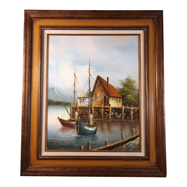 Vintage Oil Painting Harbor Scene Fishing Boats Signed L. Salcido Framed For Sale