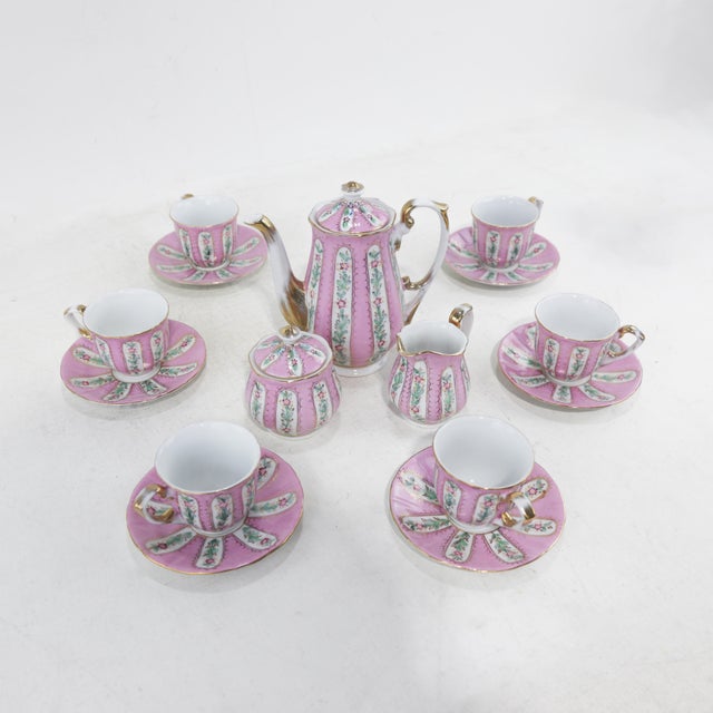 Vintage Pink Floral Porcelain Tea Set – Hand-Painted Victorian Style For Sale - Image 10 of 11