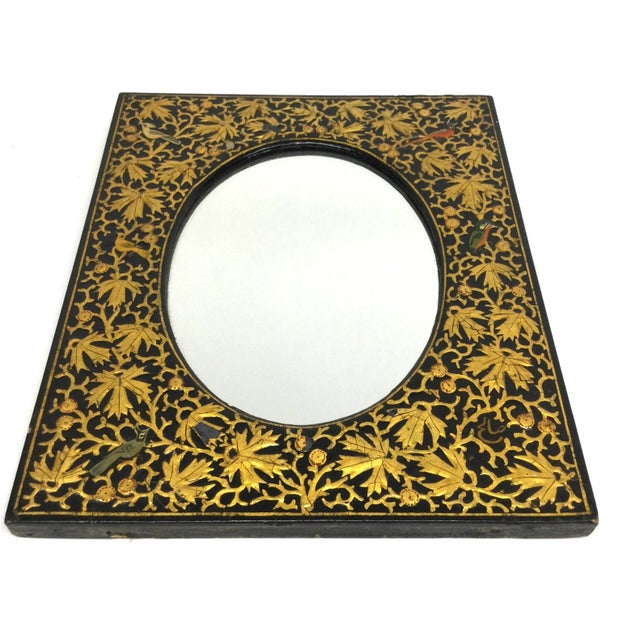 Antique Kashmir Gold Vermilion Hand Painted Over Black Lacquer Mirror For Sale - Image 9 of 12