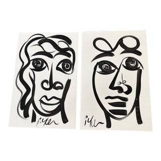 1970s Black and White Cubist Portrait Paintings by Peter Keil - Set of 2 For Sale