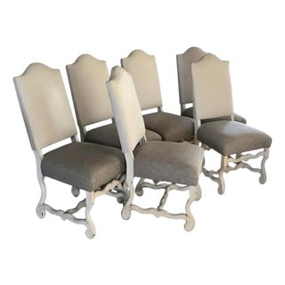 Leather Dining Chairs With Multicolor Tweed Woven Fabric For Sale