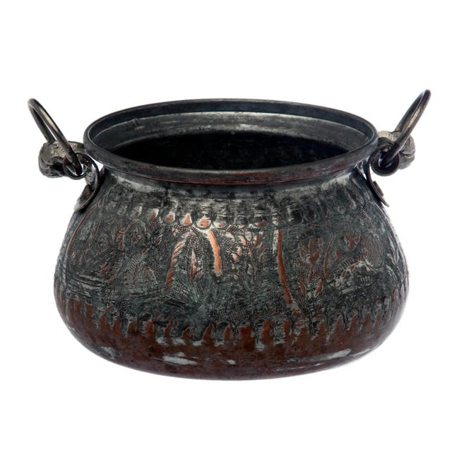 Early 20th Century Early 20th Century Persian Ornate Hand Tooled & Tinned Copper Calderon For Sale - Image 5 of 9